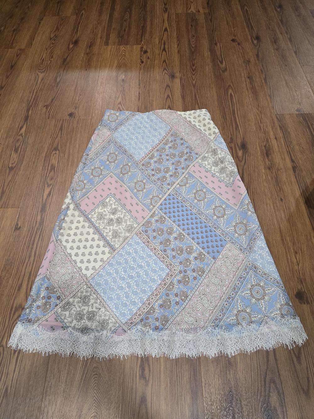 LOFT Paisley Patchwork A-Line Skirt in Blue and Pink